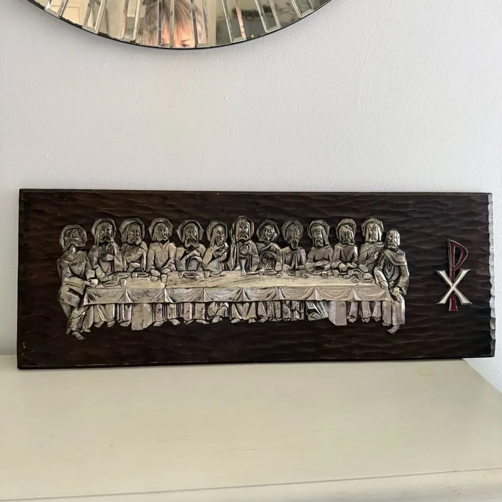 Vintage Last Supper Wood Carved Wall Art Panel Christian Chi Rho Decor